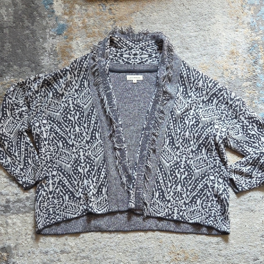 Lucky Brand Shawl Collar Open Front Jacquard Knit Cardigan - Picture 4 of 9